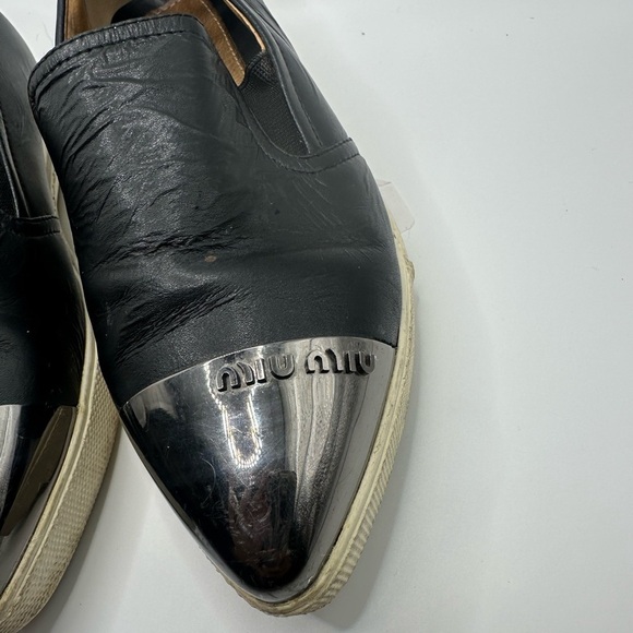 Miu Miu Womens Skate Shoes Black Leather Slip On Metal Cap Toe Size 36 Flats - Picture 3 of 8